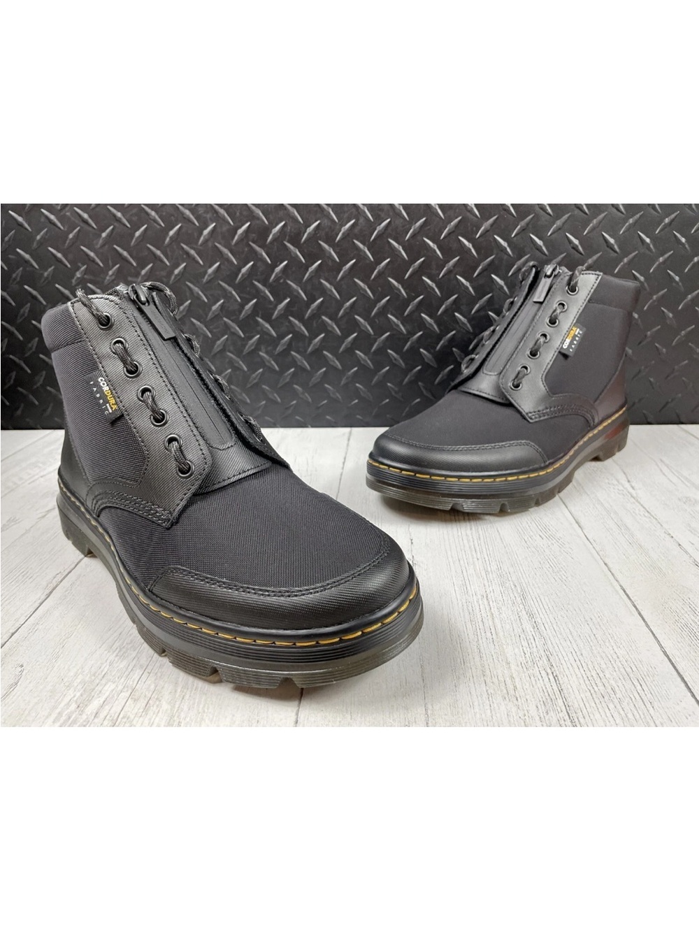 Dr. Martens Black Lace-Up Zip Work Boots with Yellow Stitching